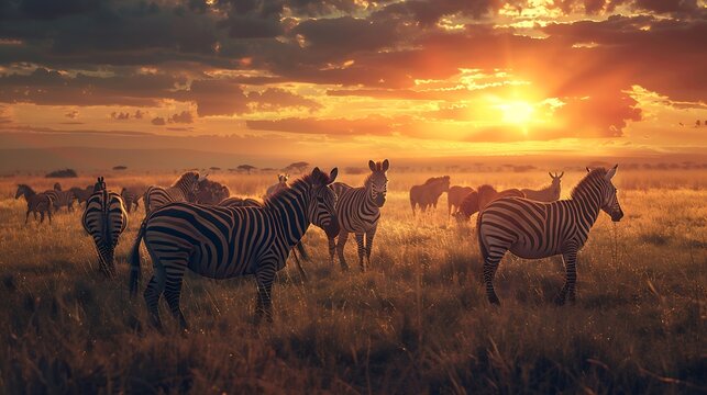 Group of zebras in the African savanna at sunset Serengeti National Park Tanzania Africa : Generative AI