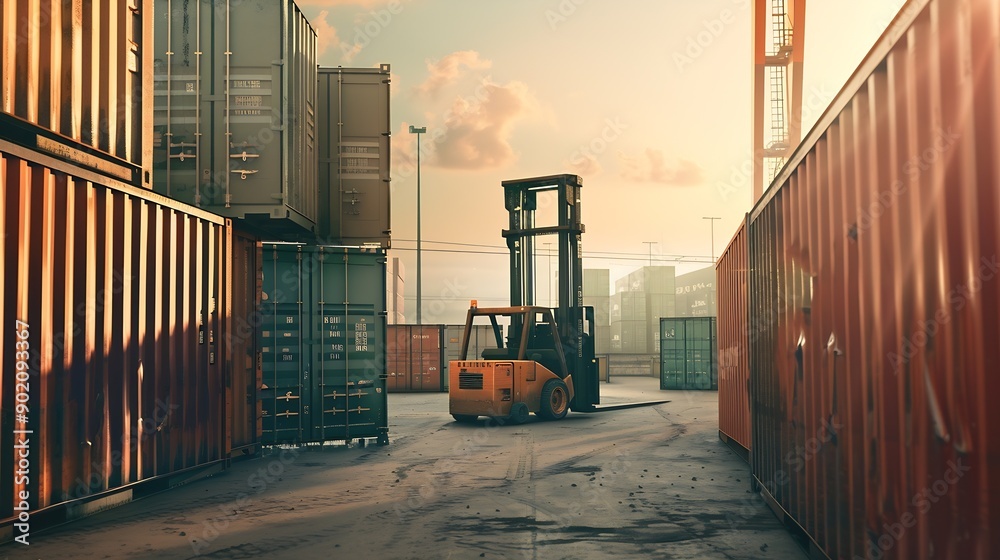 Poster Industrial Container Cargo freight ship forklift handling container box loading for logistic import export and transport industry concept : Generative AI