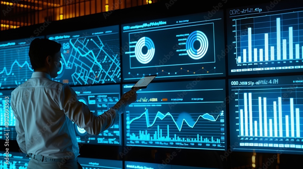 Poster Analyst utilizing technology and dashboard with charts data science and Big Data technology for business Strategic data management system with KPI organization performance with technol : Generative AI