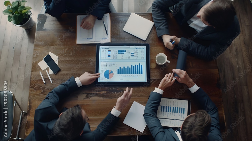 Aufkleber Top view of smart manager looking at financial statistic on tablet at meeting room Group of diverse business people working together to analyze investment data on table with notebook D : Generative AI