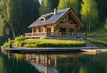 Lakeside log cabin in the woods, surrounded by lush forest. Serene lake, whose water reflects the surrounding landscape like a mirror, creating a scene of peace and natural beauty.