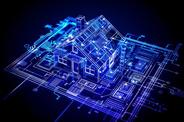 Fototapeta premium Blue digital house model with glowing circuitry representing smart home technology and modern digital connectivity