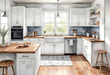 Fototapeta premium Watercolor modern and minimalist kitchen interior design illustration