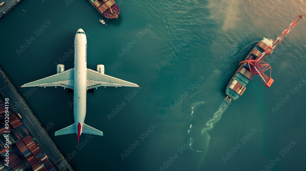 Poster aerial view and top view cargo plane flying above ship port in the export and import business and sm