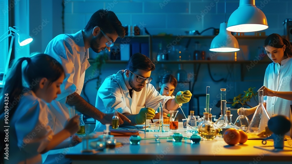 Fototapete Teacher and students Learn and experiment with science in a school science classroom : Generative AI