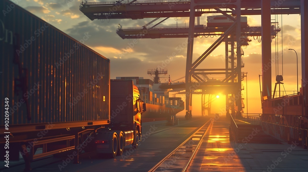 Poster container truck in ship port for business logistics and transportation of container cargo ship and c