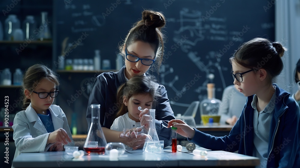 Aufkleber Education learning or science with teacher and students at table in laboratory for experiment or reaction Classroom school or study with woman scientist and children at academy for dev : Generative AI