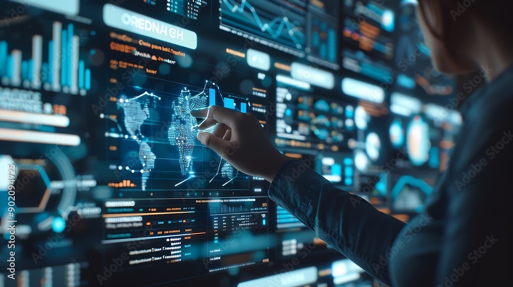 Poster Ai Businessman working with modern interface Business analytics Big data technology and data science Data flow conceptBusiness computing digital composite : Generative AI