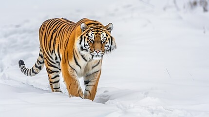 Obraz premium Careful amur tiger is walking on a white snow and looking away Siberian tiger Panthera tigris tigris Animals in wildlife : Generative AI