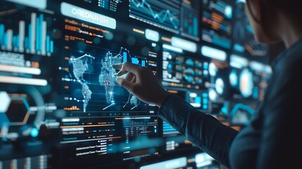 Ai Businessman working with modern interface Business analytics Big data technology and data science Data flow conceptBusiness computing digital composite : Generative AI