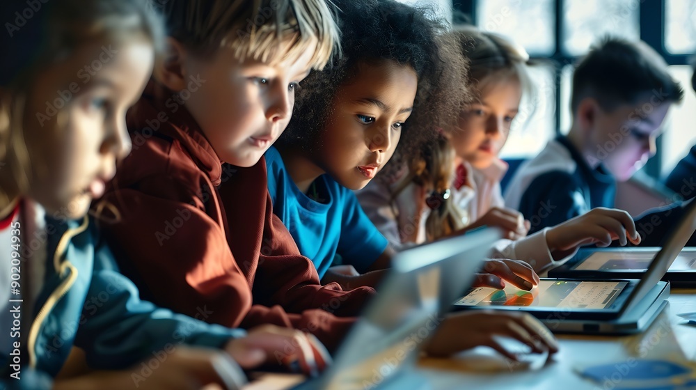 Poster Group of TechSavvy Primary School Children Working on Their Laptop and Tablet Computers in Class Young Female Teacher Educating Kids on Internet Safety Basic Programming Languages and  : Generative AI