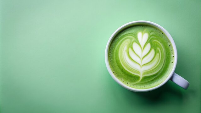 Green matcha latte on light green background, made with soy-free vegan milk and foam, top view , matcha, latte, drink, green
