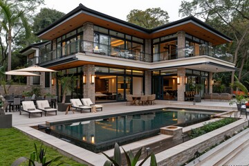 Fototapeta premium Luxurious modern house with pool in a lush garden showcasing contemporary design and serene living