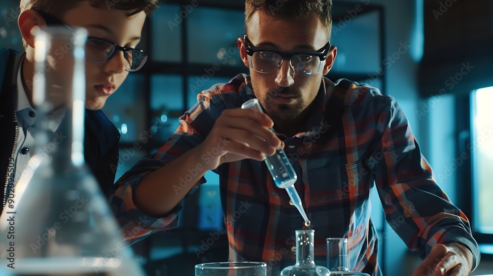 Aufkleber Teacher support schoolboy in laboratory Schoolboy and teacher stand and experiment about science of chemistry in STEM class using liquid in glass container Instructor mixing solution E : Generative AI