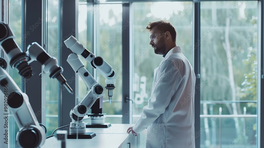 Poster Thoughtful scientist standing near robotic arms in front of window at laboratory : Generative AI