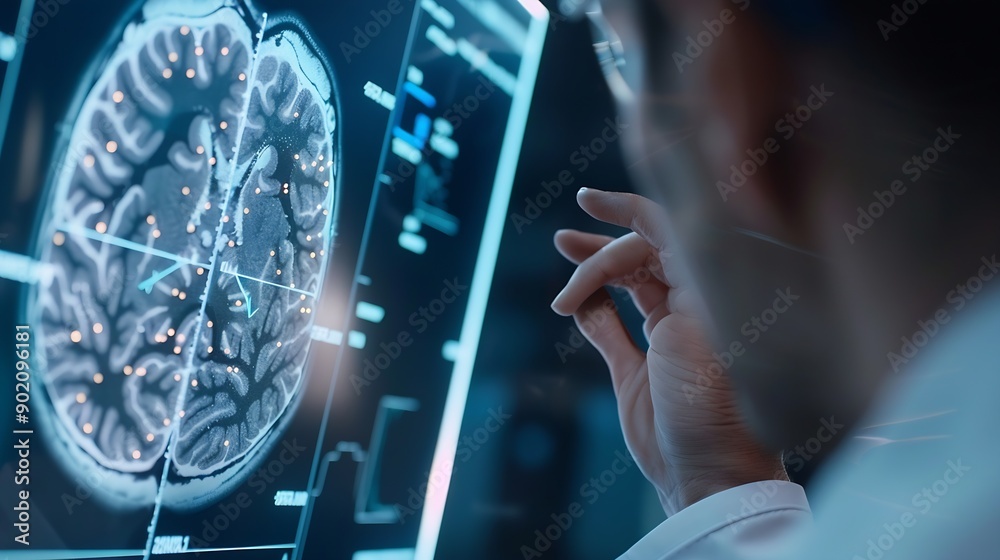 Poster Doctor checking brain testing result with innovative medical technology diagnose and examine patient brain with intelligence software AI Medical healthcare and digital science in futur : Generative AI