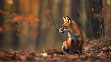 A young red fox sits attentively in the woods its ears perked up as it observes its surroundings : Generative AI