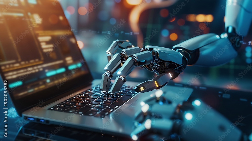 Poster AI technology Artificial Intelligence concept Businessman using the laptop AI Application technology management personal Business data education Banking Futuristic technology transform : Generative AI