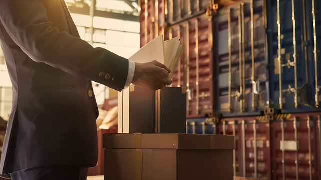 Business man arranging stack of freight containers on his table in office Logistics freight transportation and trading worldwide Imports export and international distribution concept : Generative AI - Powered by Adobe