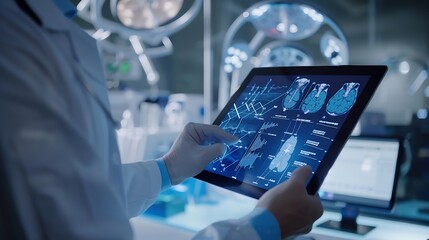 Hospital telehealth and man doctor with tablet for patient diagnosis review charts or consultation Online wellness and physician with tech for healthcare medical analysis or schedule s : Generative AI