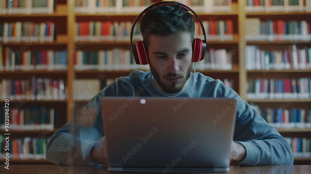 Aufkleber Portrait of a Smart Male Putting On Headphones and Working on a Laptop Computer Young Man Doing a Homework Assignment and Preparing for Political Science Exams in a College Library : Generative AI