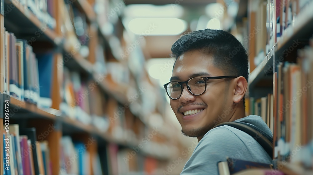 Poster Student man and happy with portrait in library for writing scholarship and studying for exam knowledge Gen z person and smile for learning education and research notes for university a : Generative AI