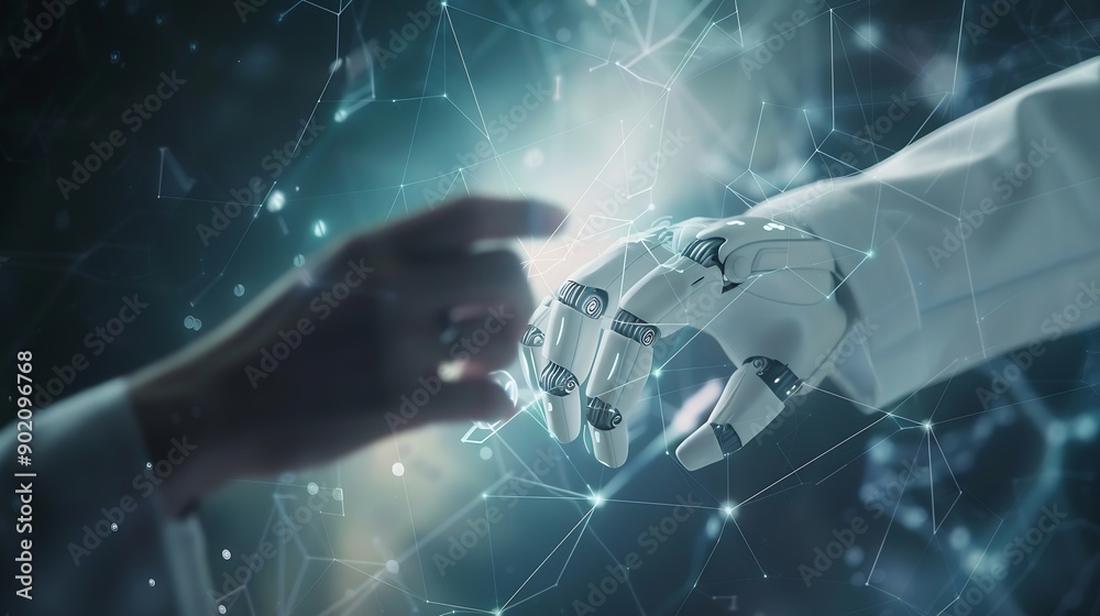 Poster Medical Ai Hands of robot and human touching on medical data network connection AI robot for diagnosis increasing accuracy patient treatment in future technology to improve patient hea : Generative AI