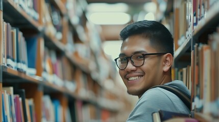 Student man and happy with portrait in library for writing scholarship and studying for exam knowledge Gen z person and smile for learning education and research notes for university a : Generative AI