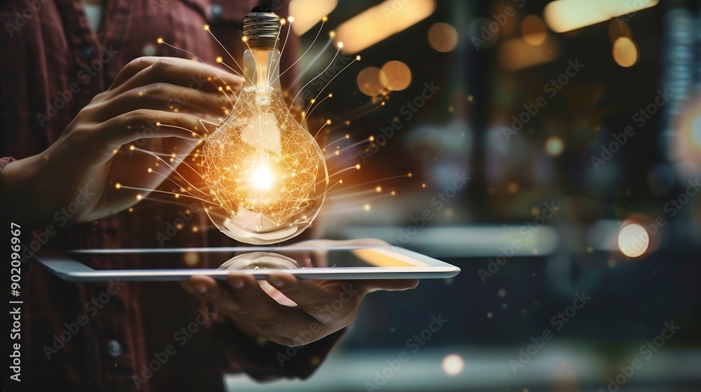 Fototapete Hand holding tablet with bulb for Artificial Intelligence or AI brain analysis informationTechnology and science conceptmachine learning systemHitech and futuristic world : Generative AI
