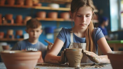 Caucasian highschool girl modeling cup of clay while looking smart boy in art class at workshop Multicultural student playing or making cup of clay art in creative activity Education E : Generative AI