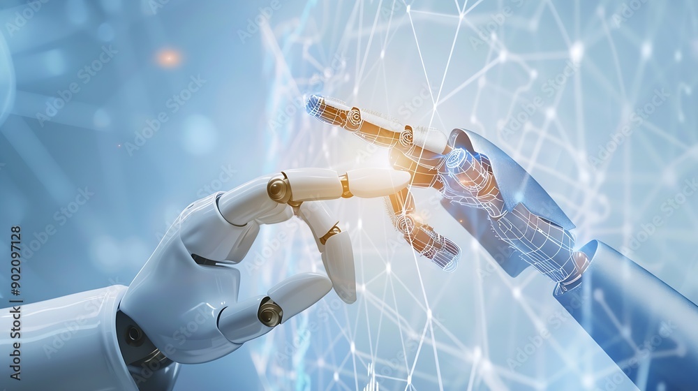 Fototapete ai machine learning hands of robot and human touching on big data network connection background scie