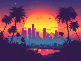 vector illustration of Los Angeles sunset with skyscrapers and palm trees in the background.