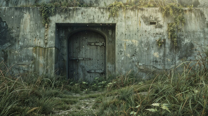 Fototapeta premium Abandoned bunker entrance with weathered concrete walls and rusty door. Overgrown vegetation surrounds the mysterious fortification, evoking post-apocalyptic atmosphere.