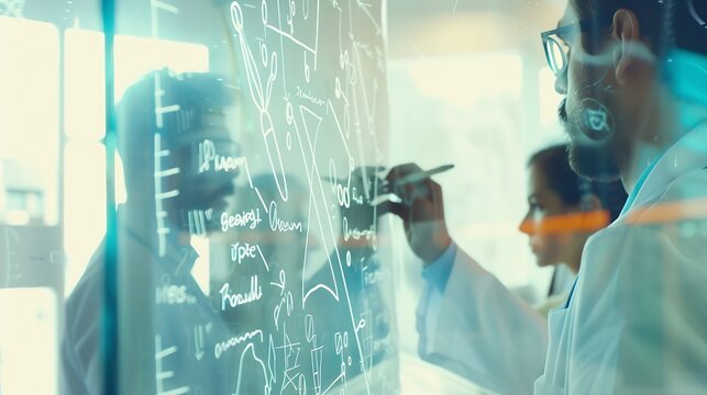 Doctor teamwork and writing on glass board for medical solution teaching and problem solving in residency Healthcare students people or professor for orthopedic training steps and mind : Generative AI