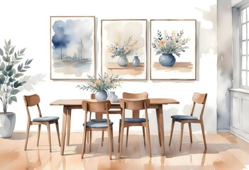 Watercolor modern and minimalist dining room and dining table interior design illustration