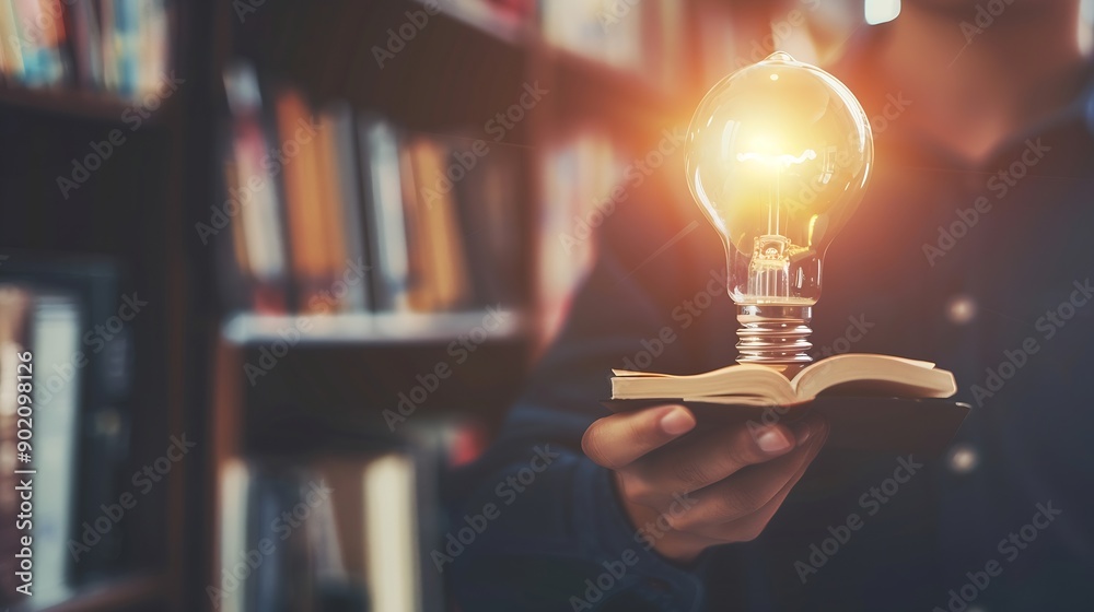 Aufkleber Man hand holding lightbulb with learning educate and graduation concept study knowledge to creative thinking idea and problem solving solution Elearning online education course degree  : Generative AI