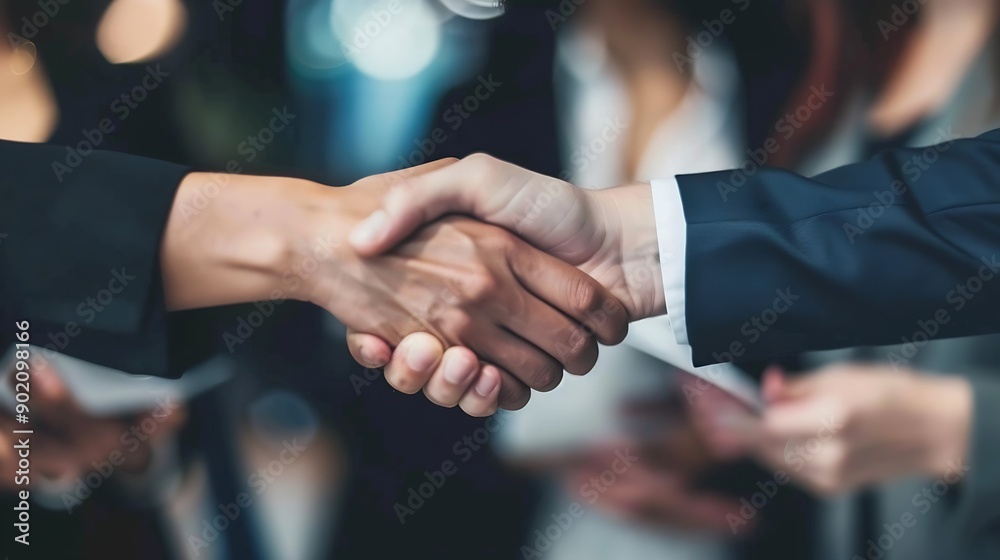 Poster handshake hiring and business people in meeting recruitment and job interview with agreement group e