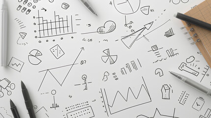 Hand-drawn doodles of business and analysis concepts on a white background, depicting graphs, charts, and equations