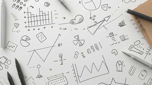 Hand-drawn doodles of business and analysis concepts on a white background, depicting graphs, charts, and equations 
