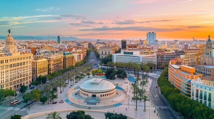 Obraz premium Aerial view of City of Arts and Science of Valencia SPAIN Beautiful panoramic view of all region View of Queen Sofia Palace of Arts Sunset point with beautiful warm colours reflecting : Generative AI