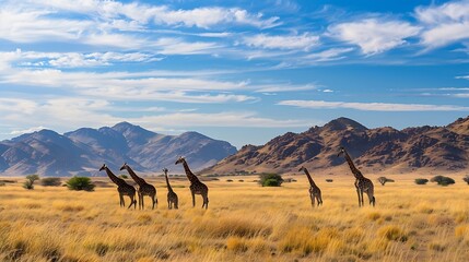 Panoramic landscape with a group of giraffes in Kalahari Desert Namibia Herd of giraffe pastured in savanna wild African animals in natural habitat safari and wilderness of the South o : Generative AI