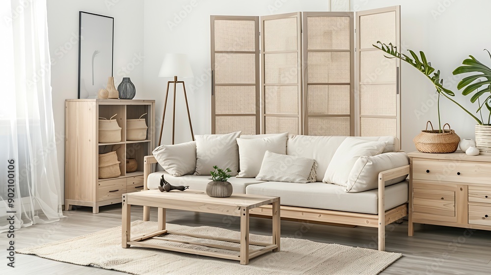 Poster light living room with folding screen comfortable sofa coffee table and chest of drawers : generativ
