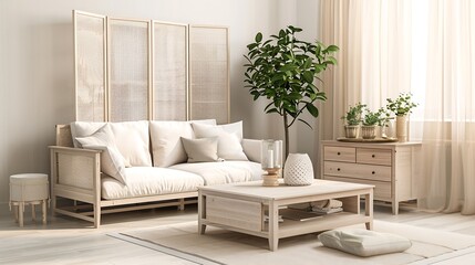 Fototapeta premium Light living room with folding screen comfortable sofa coffee table and chest of drawers : Generative AI