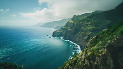 Madeira island coast view Breathtaking Madeira A Vista of Lush Greenery and Oceanic Grandeur : Generative AI
