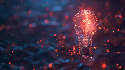 Innovation technology with holographic glowing low polygonal light bulb dark background