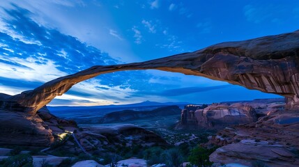 Fototapeta premium The Landscape Arch in Arches National Park near Moab Utah in blue hour : Generative AI