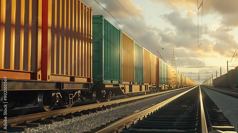 Poster train wagons carrying cargo containers for shipping companies distribution and freight transportatio