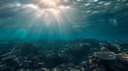 Fototapeta premium Underwater Background Point of View from Underwater Diving Natural Sun Ray Indo Pacific Ocean Southeast Asia : Generative AI