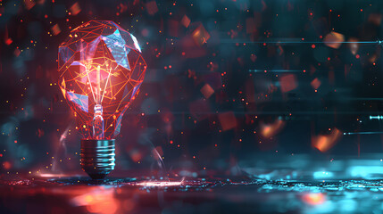 Innovation technology with holographic glowing low polygonal light bulb dark background