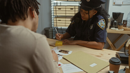 A policewoman interviews a man at a cluttered investigation desk with evidence and coffee indoors.